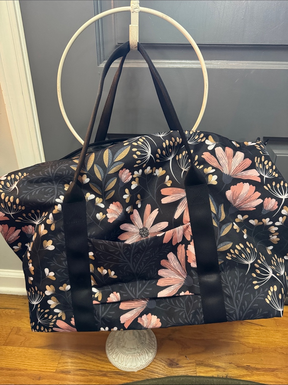 Floral Travel Weekender Bag - Black with Pink & Cream Flowers